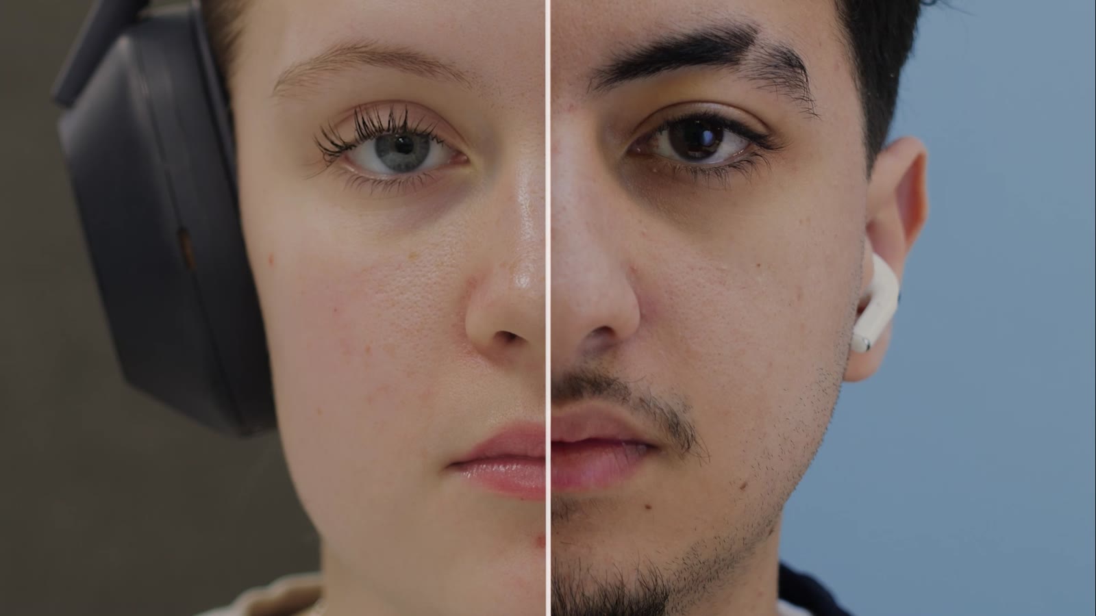 For a Better Day: split screen close-up of two faces