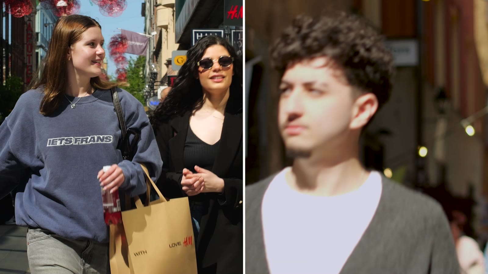 Split screen: friends walking a sunny shopping street and a young man in the city