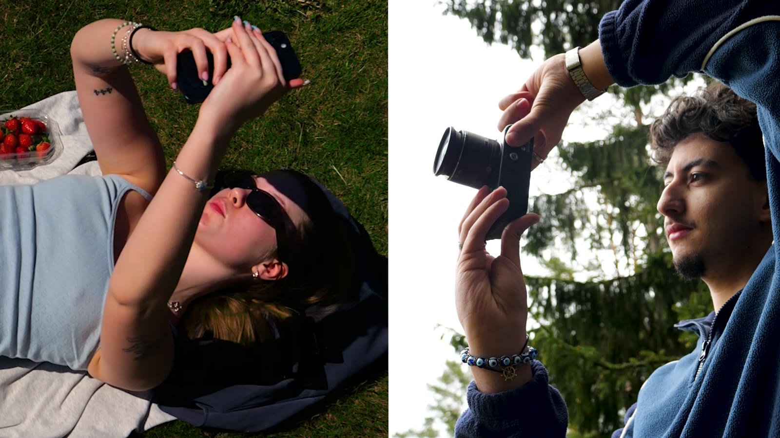 Split screen: a woman photographing the sky from the grass and a man with a camera