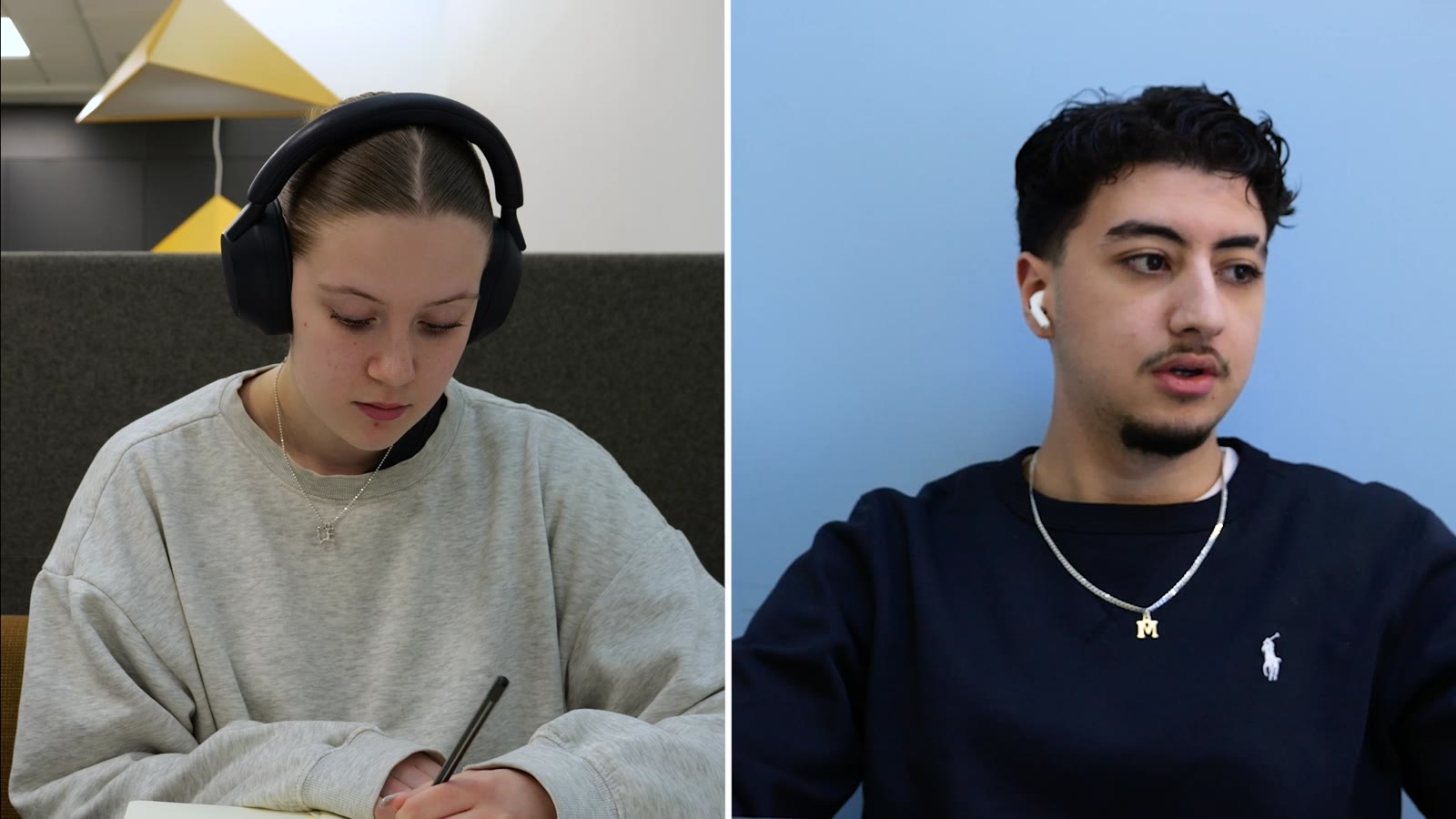 Split screen: two young people at their desks with headphones, a bad day