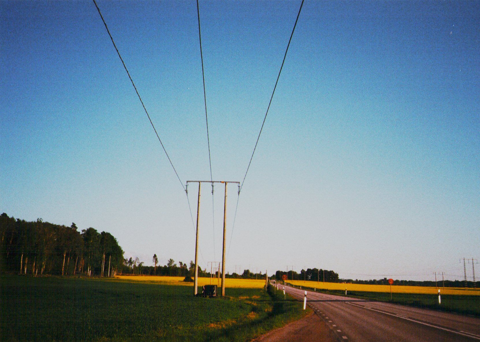 Power lines over a gravel road and a yellow field in Sweden