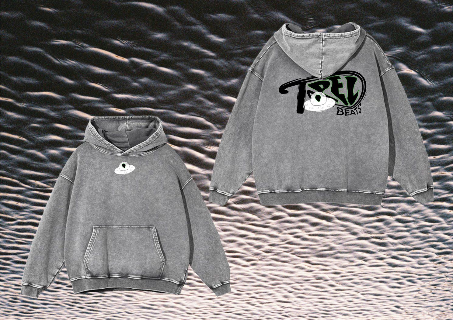 Mockup of two grey washed hoodies with the Topel Beats logo, front and back